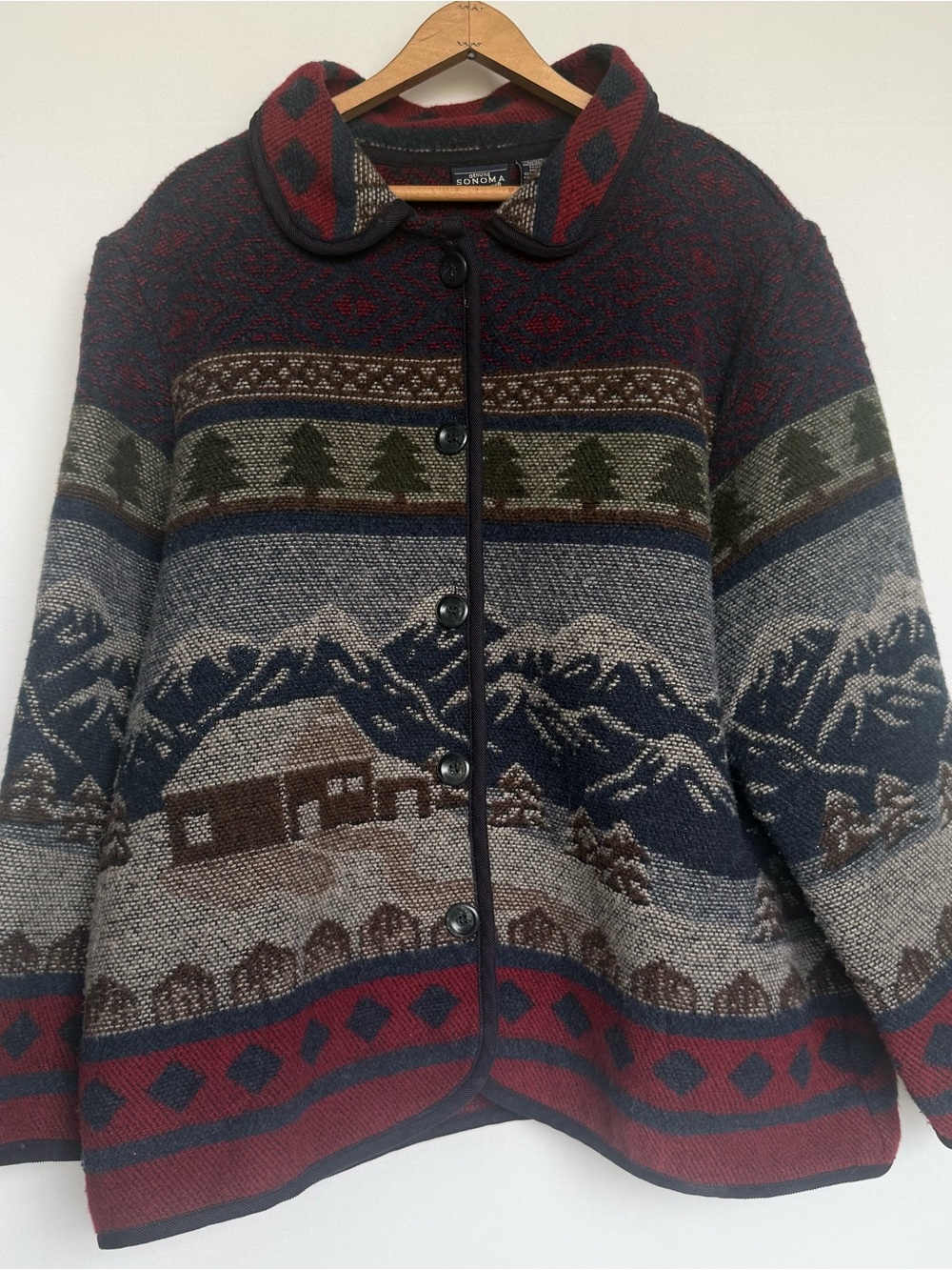 Sonoma Jean Co Navy and Red Plaid Knit Cardigan Wool Blend Cottage Teachercore